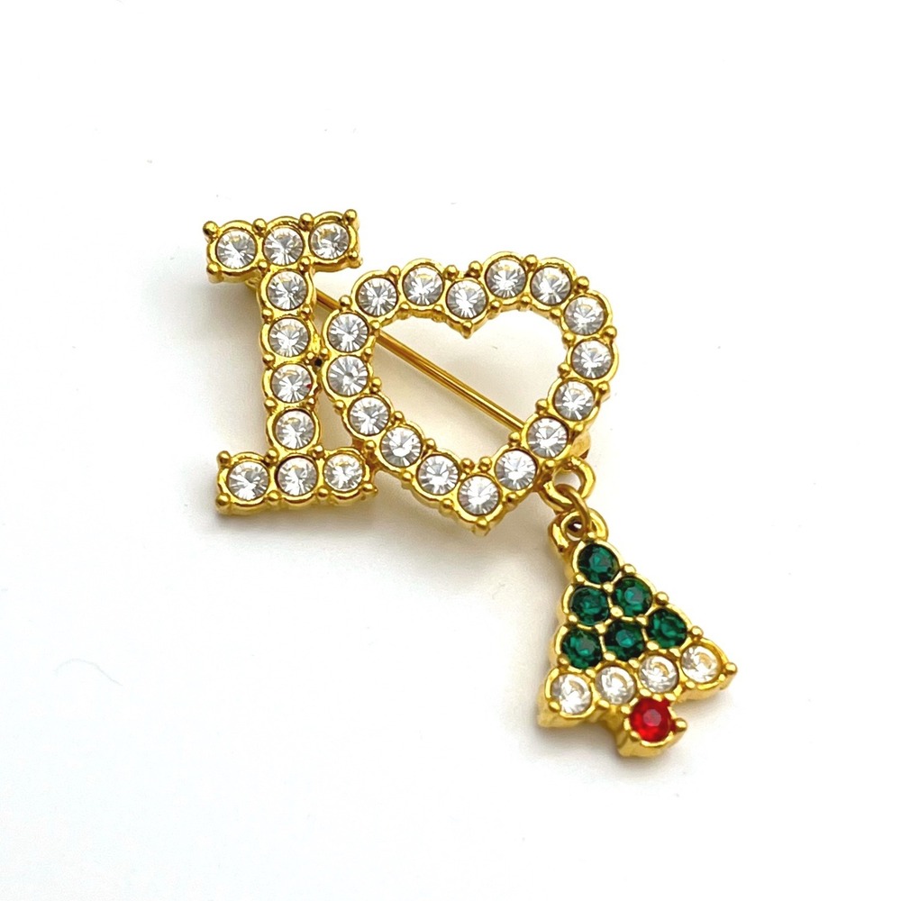 I Heart Christmas Tree Rhinestone Brooch Gold Tone Holiday Pin Charm